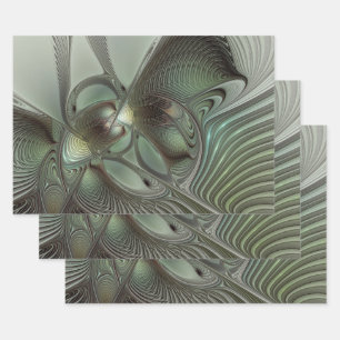 Abstract Olive Sage Green Grey Fractal Art Fantasy Wrapping Paper Sheet