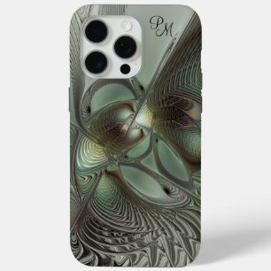 Abstract Olive Sage Green Grey Fractal Initials iPhone 15 Pro Max Case
