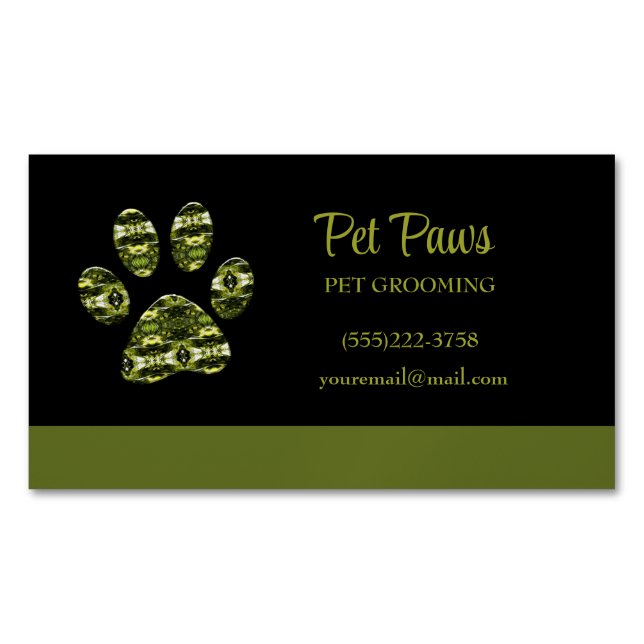 Abstract Olive Yellow Dog Paw Pet Grooming  Busine Magnetic Business Card (Front)