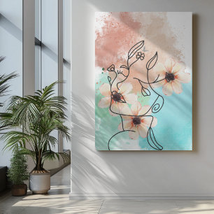 Abstract one line face art with pink flower lips canvas print