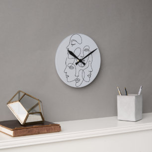 Abstract One Line Faces Minimalist Art Round Clock