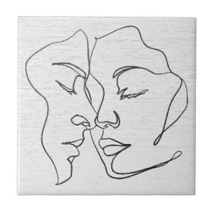 Abstract One Line Lovers Face Ceramic Tile