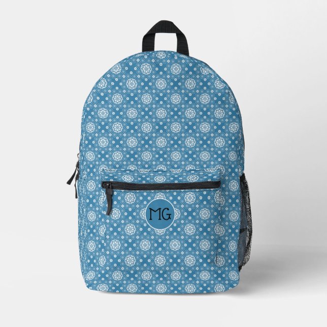 Abstract openwork floral pattern in light blue col printed backpack (Front)