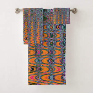 Abstract Orange and Aqua Retro Boomerang Waves Bath Towel Set