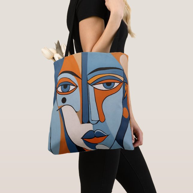 Abstract Orange and Blue Face Art Tote Bag (Close Up)