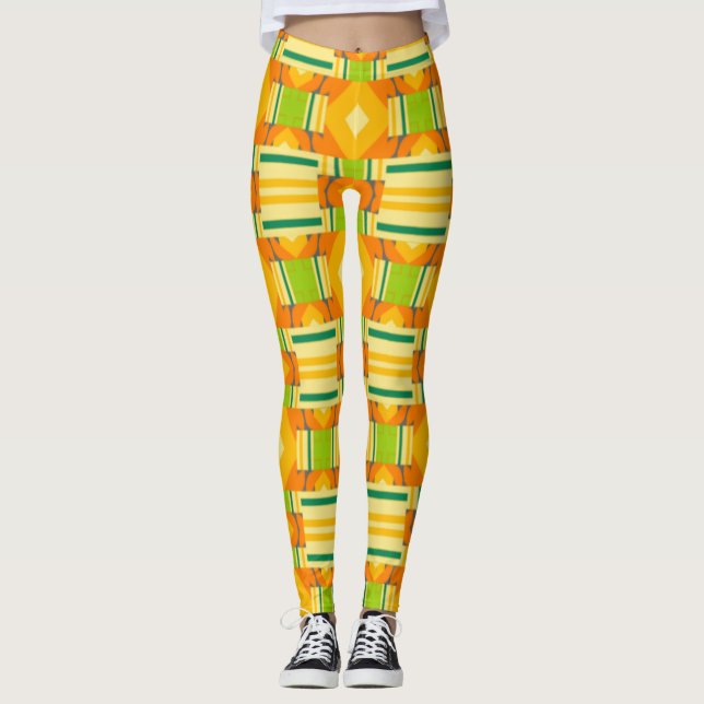 Abstract Orange and Green Pattern with Diamonds Leggings (Front)