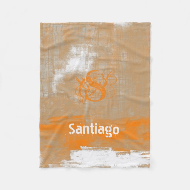 Abstract orange grey white Your name Monogram Fleece Blanket (Front)