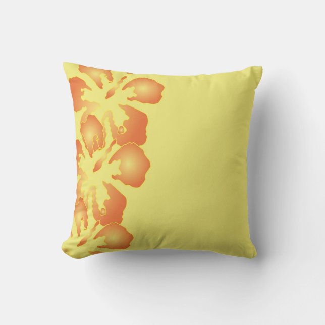 Abstract Orange Hibiscus Flowers on Yellow Cushion (Front)