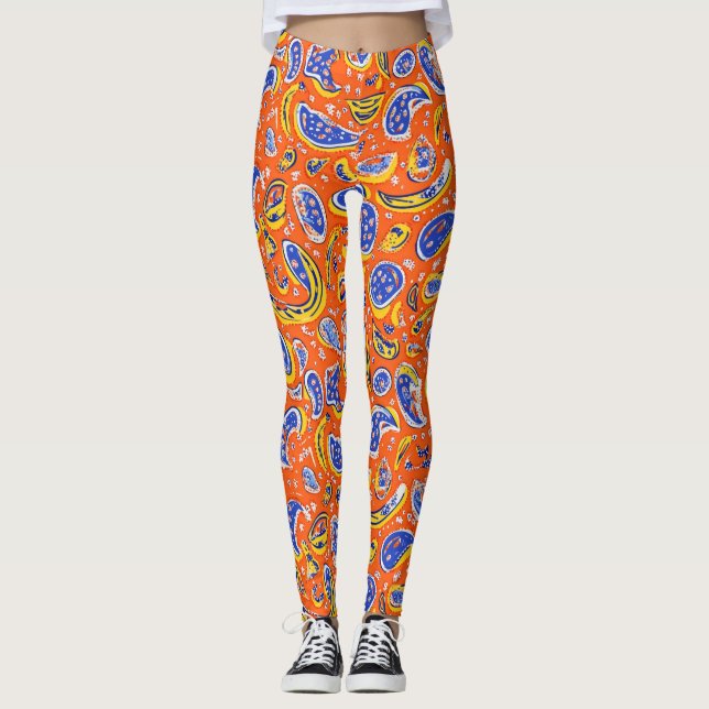 Abstract Orange Paisley Pattern Leggings (Front)