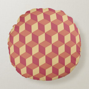 Abstract Orange Red Cube Pattern Round Cushion