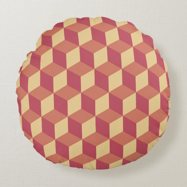 Abstract Orange Red Cube Pattern Round Cushion (Front)