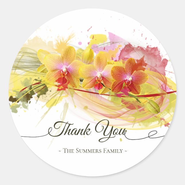 Abstract Orchids Colour Splash Calligraphy Classic Round Sticker (Front)