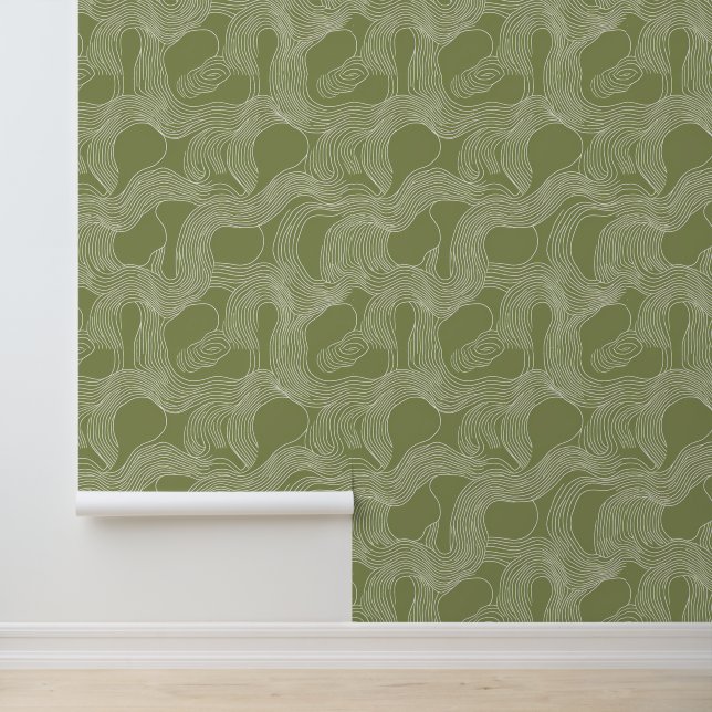 Abstract Organic Line Art on Olive Green Wallpaper (Application)