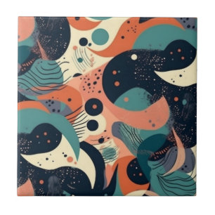 Abstract Organic Shapes Navy Coral Teal Cream Ceramic Tile