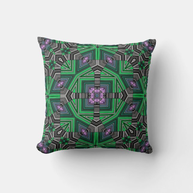 Abstract ornamental lined striped green dark folk cushion (Front)