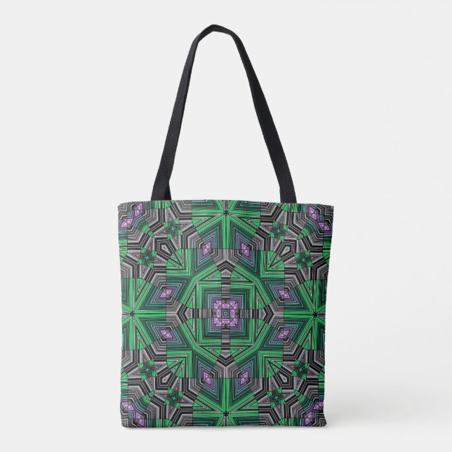 Abstract ornamental lined striped green dark folk tote bag (Back)