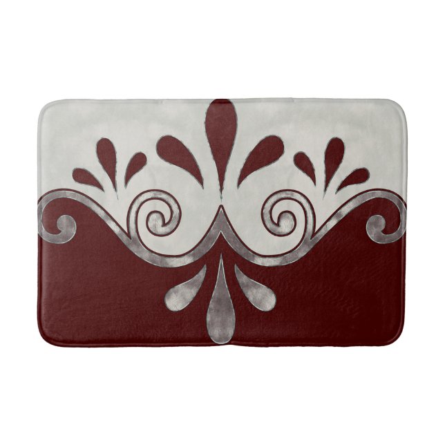 Abstract ornamental shape in burgundy and silver bath mat (Front)