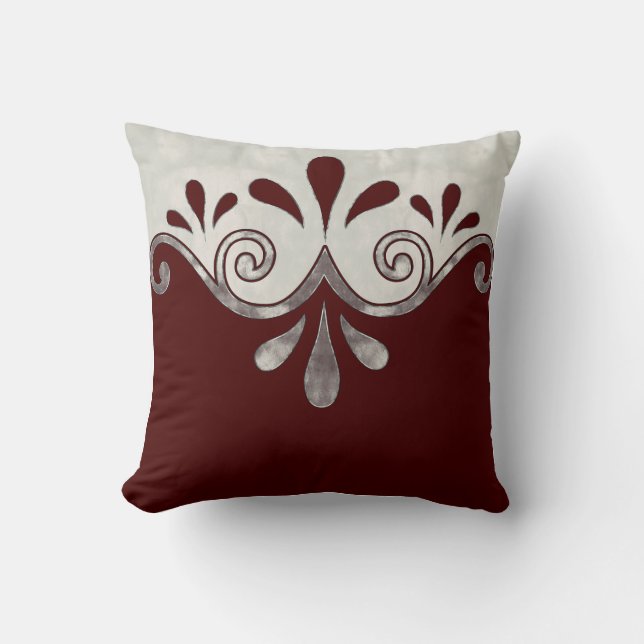 Abstract ornamental shape in burgundy and silver cushion (Front)
