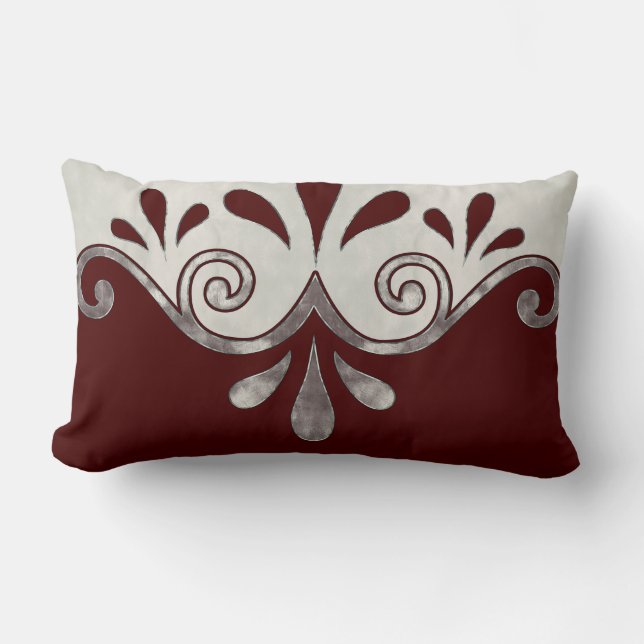 Abstract ornamental shape in burgundy and silver lumbar cushion (Front)