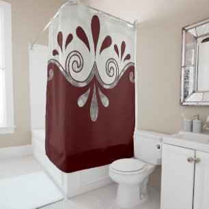 Abstract ornamental shape in burgundy and silver shower curtain