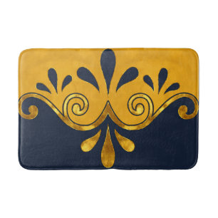 Abstract ornamental shape in navy blue and gold bath mat