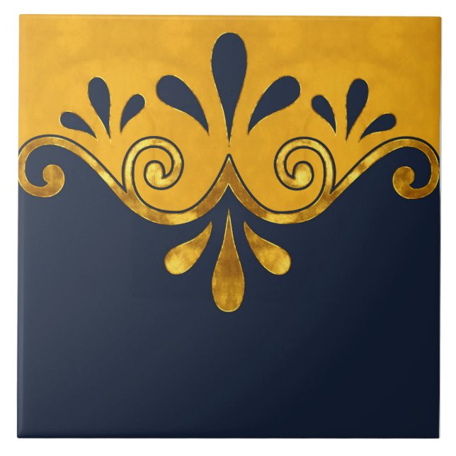 Abstract ornamental shape in navy blue and gold ceramic tile (Front)