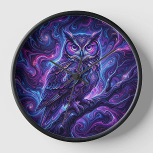 Abstract Owl Cosmic Purple Liquid Art Clocks