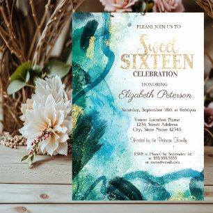 Abstract Pain Splash Gold  Sweet 16  Invitation
