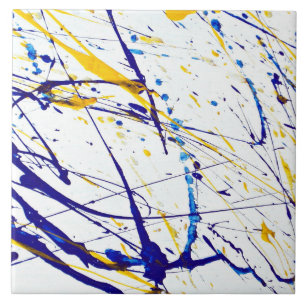 Abstract paint blue and gold splatter ceramic tile