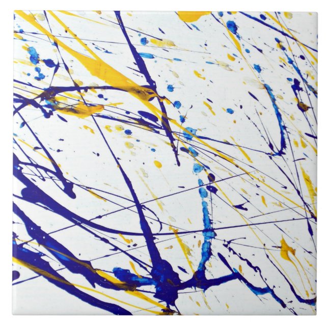 Abstract paint blue and gold splatter ceramic tile (Front)
