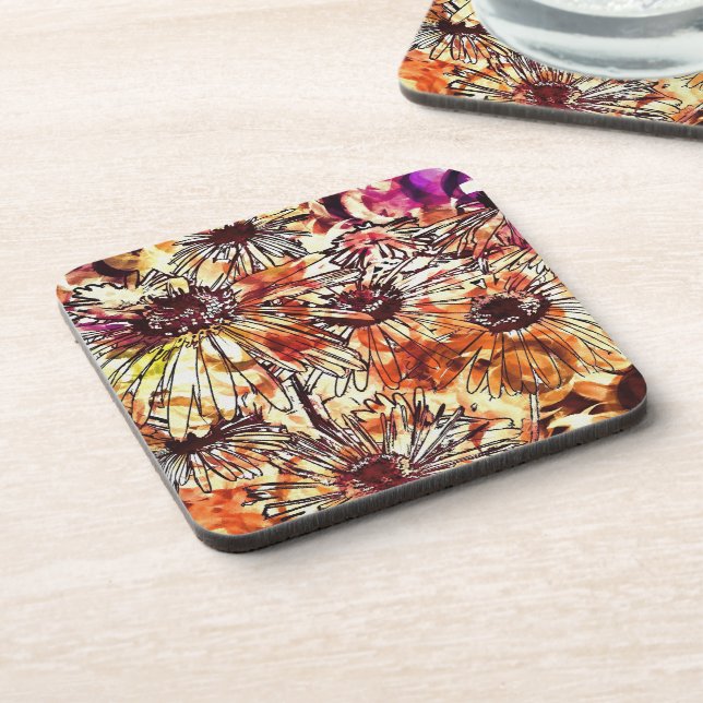 Abstract Paint Daub Sunflower Pattern Coaster (Left Side)