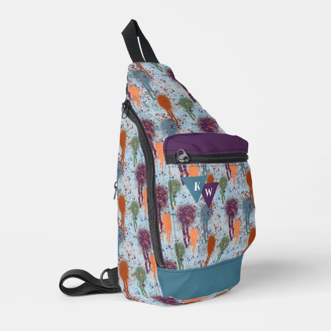 Abstract paint drips modern splatter monogram sling bag (Left Corner)