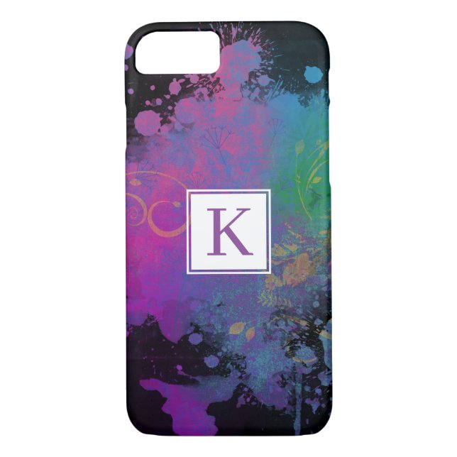 Abstract Paint Splashes & Swirls on Black Monogram Case-Mate iPhone Case (Back)