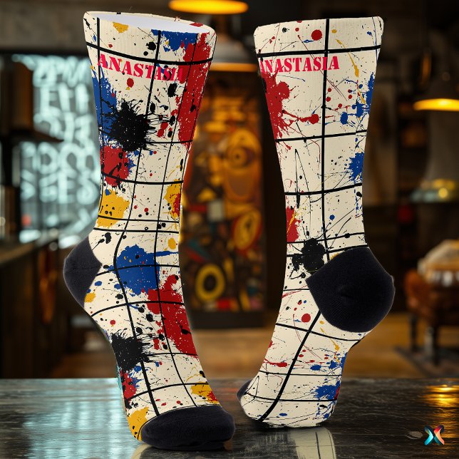 Abstract Paint Splatter Socks with Geometric Grid  (Creator Uploaded)