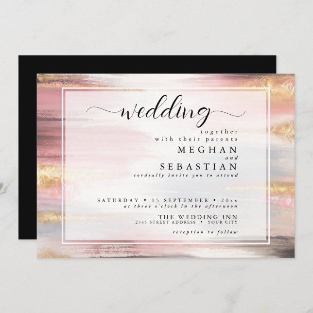 Abstract Paint Strokes Blush Gold Charcoal Invitation (Front/Back)