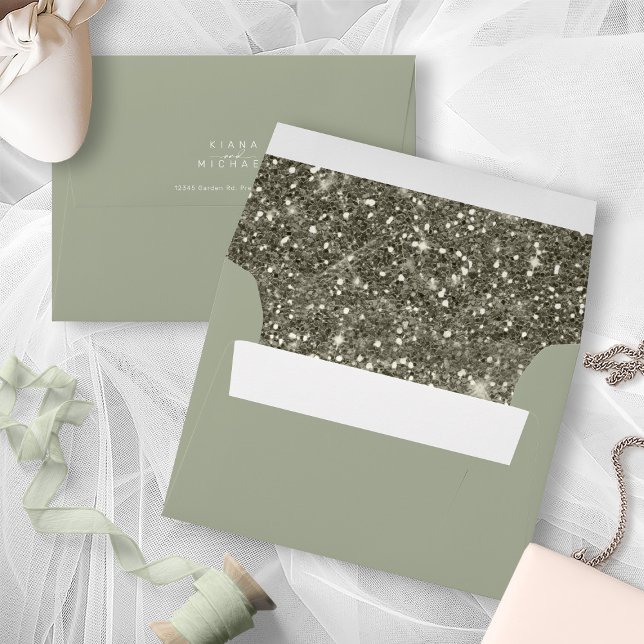 Abstract Paint Strokes Wedding Glitter Olive ID886 Envelope (Interior/Back In Situ)