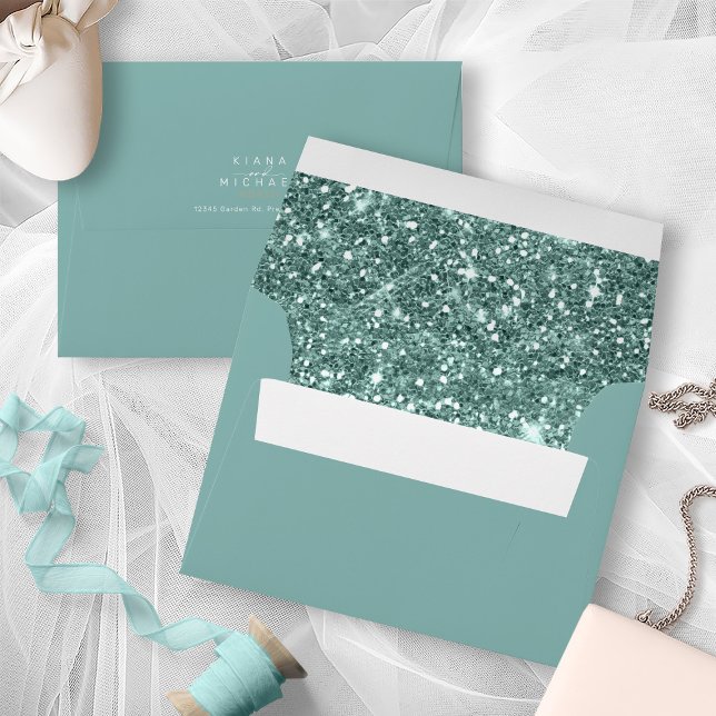Abstract Paint Strokes Wedding Glitter Teal ID886 Envelope (Interior/Back In Situ)