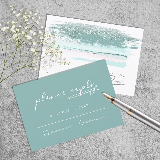 Abstract Paint Strokes Wedding RSVP Teal Card (Creator Uploaded)