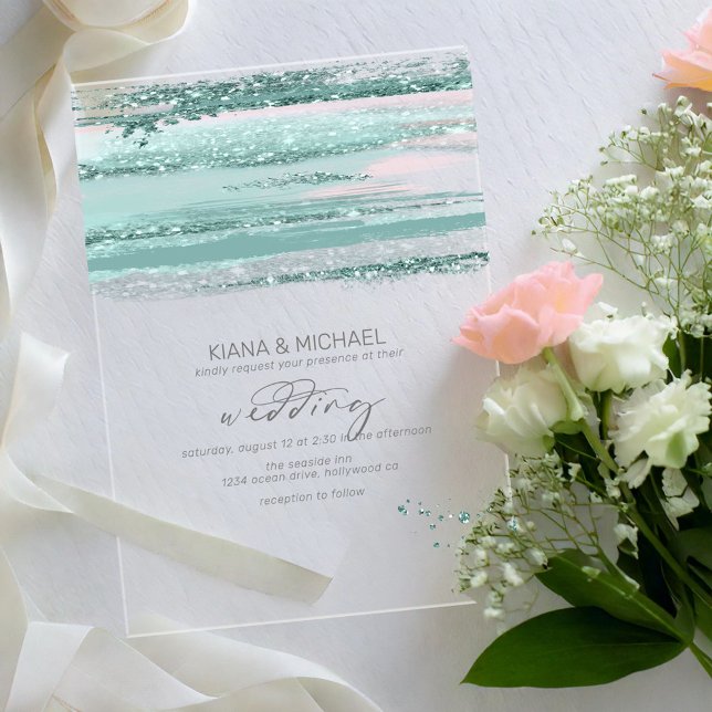 Abstract Paint Strokes Wedding Teal V3 ID886 Acrylic Invitations (Creator Uploaded)