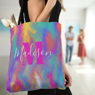 Abstract Paint Teal Yellow Purple Pink Monogram  Tote Bag