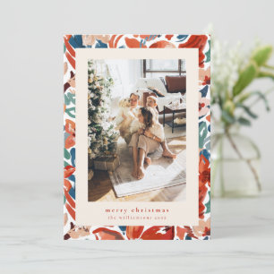 Abstract Painted Floral Rust Merry Christmas Photo Holiday Card