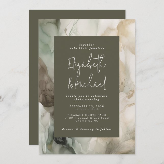 Abstract Painted Modern Dark Green Wedding Invitation (Front/Back)