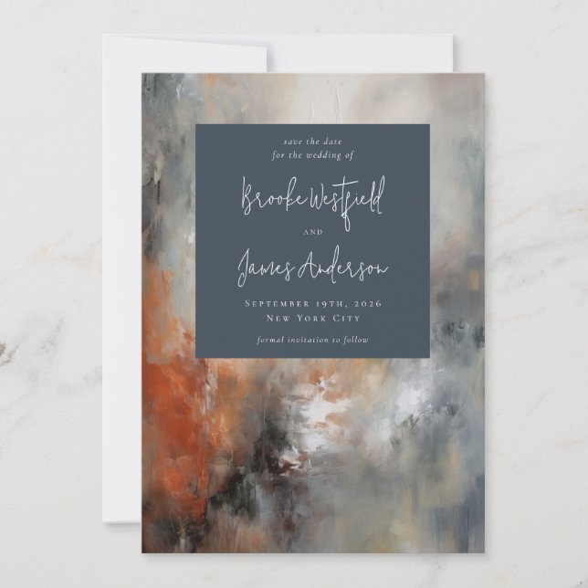 Abstract Painted Modern Grey Terracotta Wedding Save The Date (Front)