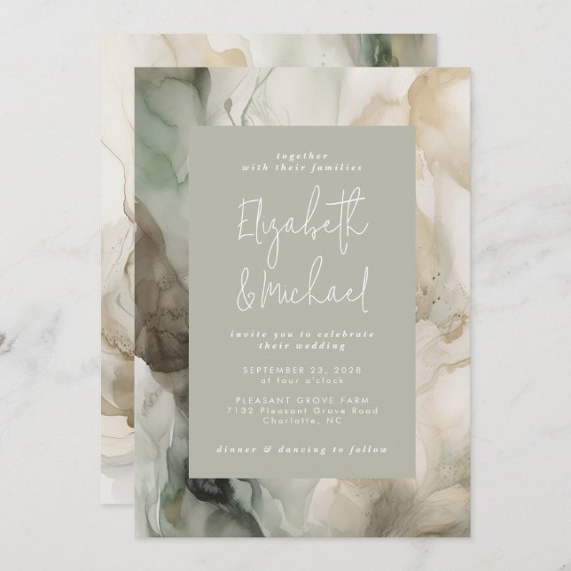 Abstract Painted Modern Sage Green Wedding Invitation (Front/Back)