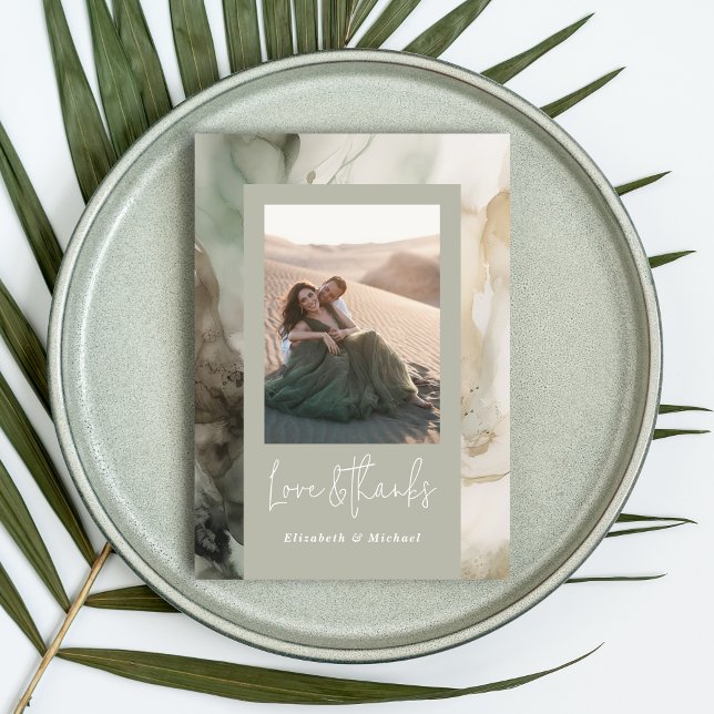Abstract Painted Modern Sage Green Wedding Photo Thank You Card (Creator Uploaded)