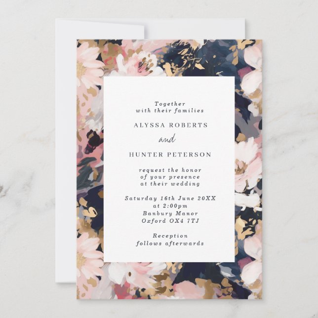 Abstract Painterly Blush & Navy Floral Wedding  Invitation (Front)