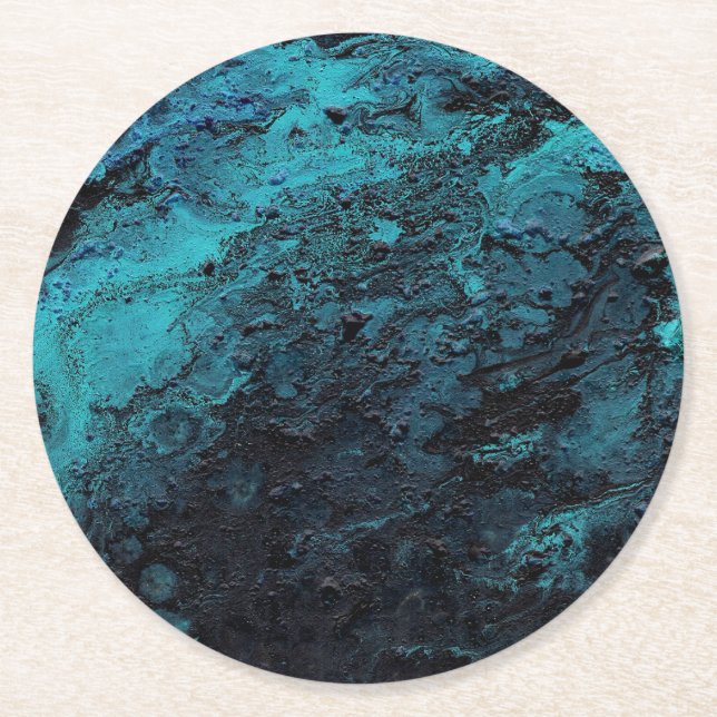 Abstract Painting Blue Black Textured Planet Round Paper Coaster (Front)