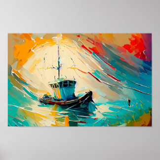 Abstract Painting of Shrimp Boat in a large wave. Poster