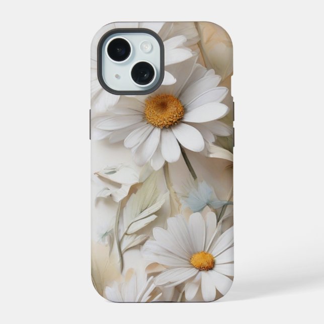 Abstract painting of white daisies. iPhone 15 case (Back)