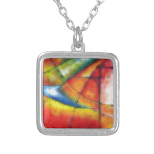 abstract painting red yellow green blue silver plated necklace